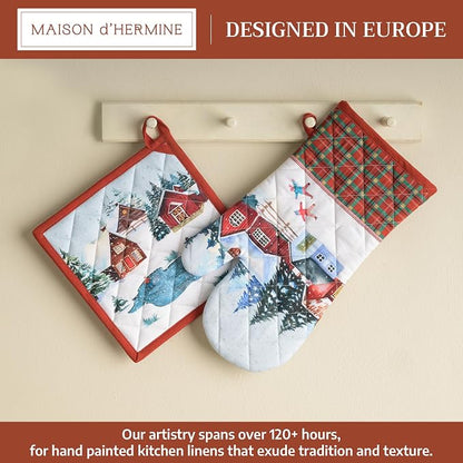 Maison d' Hermine 100% Cotton Oven Mitt & Pot Holder Set (7.5"x13" & 8"x8") | Heat Resistant BBQ Cooking Gloves with Loop Baking Grilling Kitchen Hotel Home Farmhouse Thanksgiving Christmas - Megeve