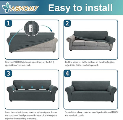 Asnomy Stretch Couch Covers for Sofa Washable, 3 Cushion Couch,Gray | 1-Piece Sofa Covers(78"-94") 3-Seater Furniture Protector Soft Jacquard,Non-Slip Elastic Bottom For Dogs & Kids
