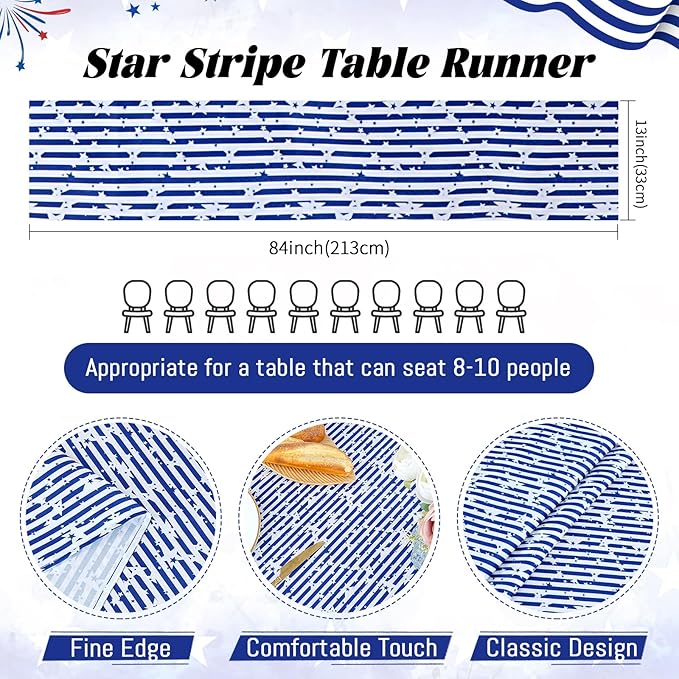4th of July Table Runner Independence Day Decoration 13x84inch American Flag Star Dresser Scarves Holiday Table Runners Stain Resistant Party Celebrations Pack of 2 Blue