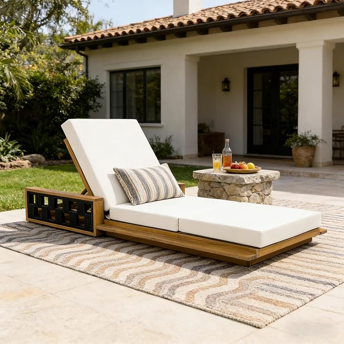Merax Patio Chaise Lounge Set of 2, Acacia Wood Outdoor Reclining Chairs with 4-Position Adjustable Backrest, 2-Piece Sunbathing Recliner & 4" Thick Triple-fold Cushion for Poolside, Garden, Beige