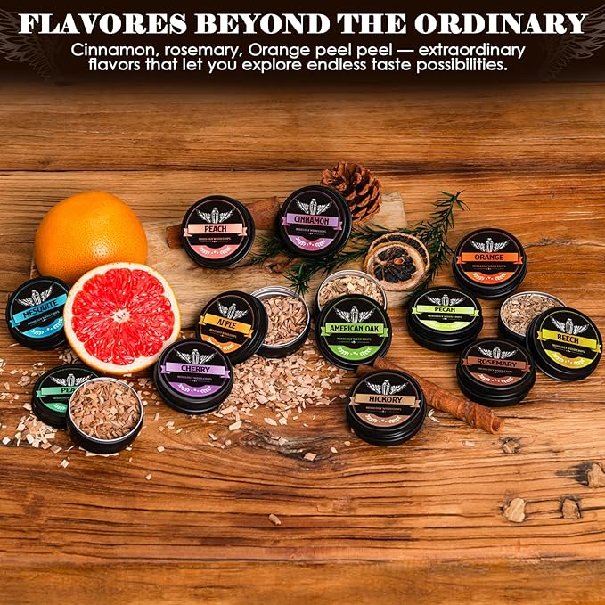 Natural Wood Chips for Cocktail Smoker, 12 Flavors Wood Chips Including Apple,Cherry,Oak,Mesquite,Pecan,Pear,Peach,Hickory,Beech,Organge, Rosemary,Cinnamon, Gifts for Men,Dad,Husband