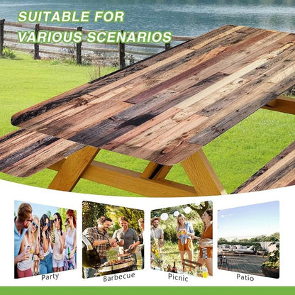 JAWO Brown Rustic Wooden Picnic Table Cover with Bench Covers, Modern Camping RV Essentials Gear Supplies Outdoor Waterproof Windproof Tablecloth with Elastic, 30X72in