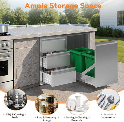 Jocisland 28" W×20" D×23" H Stainless Steel Outdoor Kitchen Drawers, Single Trash Drawer with Door & 3-Drawer Cabinet, Built-in BBQ Island Storage for Outdoor Kitchens