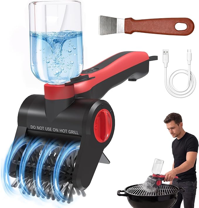 Electric Grill Brush with Water Spray System, Cordless BBQ Grill Cleaner, Rechargeable Power Scrubber for Gas, Charcoal & Pellet Grills, IPX8 Waterproof Grill Cleaning Brush with Scraper & Case