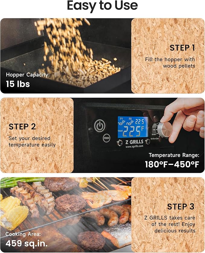 Z GRILLS 450E Pellet Smoker Grill, Upgrade PID 3.0 Temperature Control (180-450°F), 459 SQ.IN Cooking Area, 8 in 1 BBQ Grill,Hopper Cleanout, Meat Probe, Rain Cover, for Backyard Camping