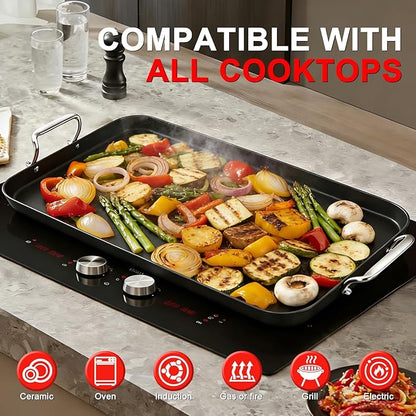 21" x 13" Cast Iron Griddle Pan, Non-Stick Stove Top Flat Plate with Stainless Steel Handle for Gas Grill, Camping, BBQ, Smooth Surface Double Burner Cookware
