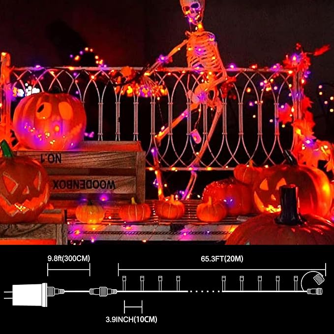 66ft Halloween Decorative Mini Lights, 200 LED Green Wire Fairy Starry String Lights Plug in, 16 Lighting Modes, for Halloween Decoration Outdoor Party Decoration (Orange and Purple)