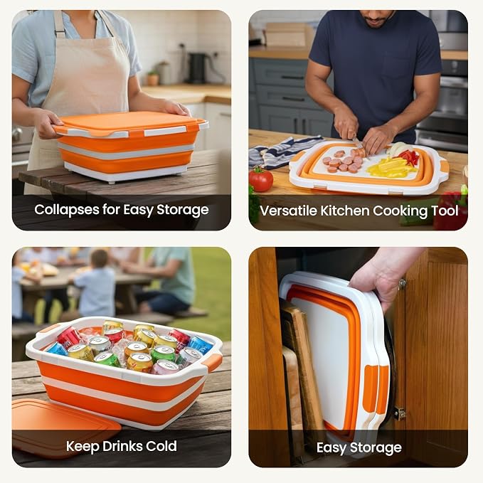 BBQ Prep Tub 2 Pack (8L+8L) - Multifunctional Collapsible Camping Cutting Board with Upgraded Locking Lid, Meal Prep Meat Storage Container Perfect for Grilling, Outdoor Cooking (Large x 2)