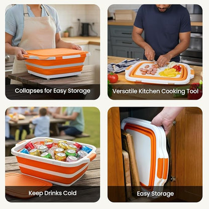 BBQ Prep Tub 2 Pack (8L+8L) - Multifunctional Collapsible Camping Cutting Board with Upgraded Locking Lid, Meal Prep Meat Storage Container Perfect for Grilling, Outdoor Cooking (Large x 2)
