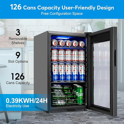 FoMup Beverage Refrigerator 17 inch Wide - 126 Can Beverage Cooler with Glass Door | Counter Top/Freestanding Mini Beverage Beer Fridge | Temperature Memory | Invisible Door | Perfect for Soda, Beer