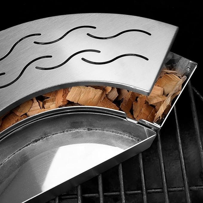 Onlyfire BBQ Smoker Box, Stainless Steel Fan-Shape Wood Chip Smoker Box with Removable Lid & Water Reservoir for Charcoal Grills, Kamado Grills - Add Smokey BBQ Flavor to Your Foods, Design Patent