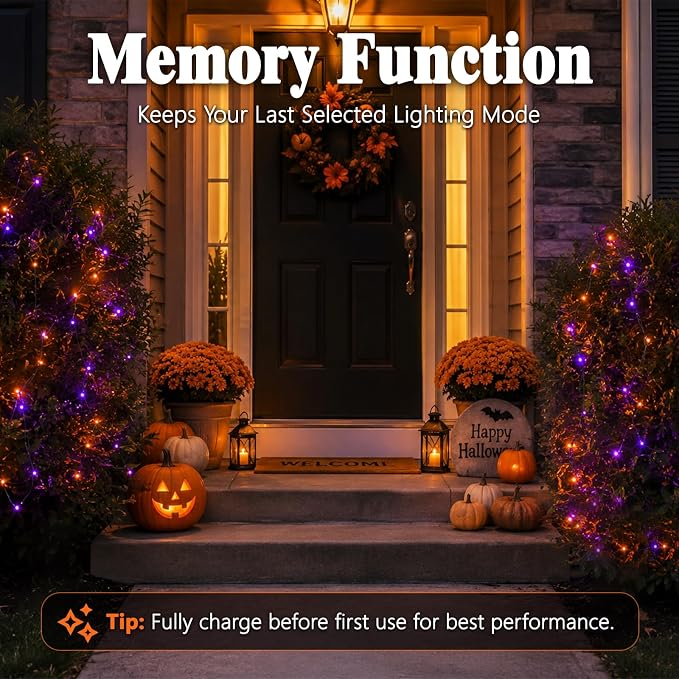 cshare Halloween Solar String Lights Outdoor, Orange Purple Solar Fairy Lights 2 Pack 16.4FT 50 LED Each, 8 Modes Waterproof Black Wire Fairy Lights for Yard Porch Fence Tree Bushes Decor
