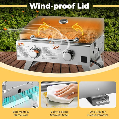 HAPPYGRILL Portable Gas Grill with 2-Burner, 20,000 BTU Total Stainless Steel Tabletop Propane Grill w/Handle, Built-in Thermometer & Extra Flame Rod, Foldable Legs for Outdoor RV BBQ Picnic