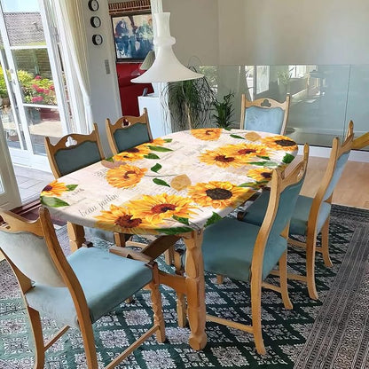 Oval Sunflower Fitted Tablecloths, Vintage Yellow Sunflower with Newspaper Backdrop Elastic Edged Table Cover, Wrinkle Resistant Table Cloths for Indoor Family Banquet Use, Fits to 60x84 In Table