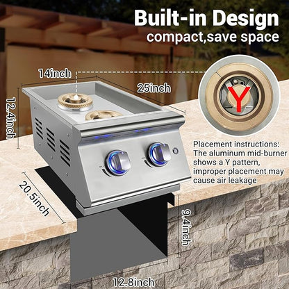 Double Grilling Side Burners for Outdoor Kitchen, 2 * 17,000BTU Nature Gas Burners, Convertible to Liquid Propane, Duty Heavy 304 Stainless Steel, Built-in Side Burner for BBQ Island Grill