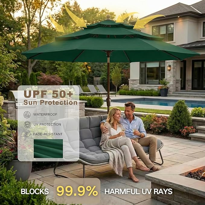 Kingdura 9ft 3-Tier Patio Umbrella, Outdoor Table Umbrella with Easy Crank & Tilt, 8 Reinforced Ribs, UV Protection for Deck, Pool, Market, Backyard (Dark green)