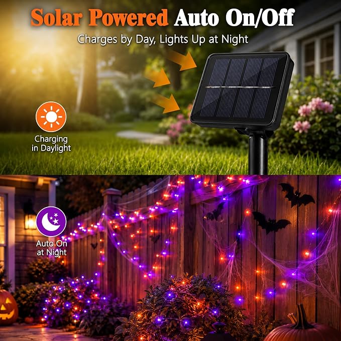 cshare Halloween Solar String Lights Outdoor, Orange Purple Solar Fairy Lights 2 Pack 16.4FT 50 LED Each, 8 Modes Waterproof Black Wire Fairy Lights for Yard Porch Fence Tree Bushes Decor