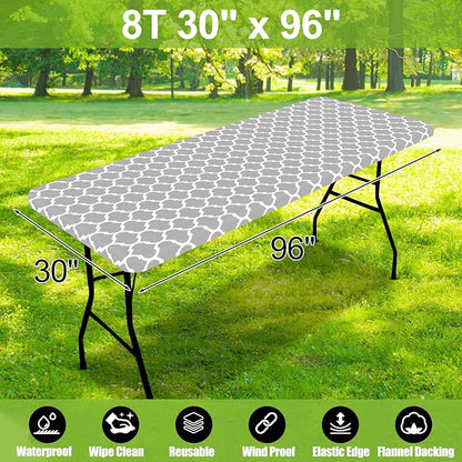 Smiry Picnic Fitted Table Cover, 8 Foot Flannel Backed Vinyl Tablecloth | Waterproof Elastic Stretch Table Cloth, Wipeable Plastic Tablecloth for Camping, Indoor & Outdoor (Light Grey, 30" x 96")