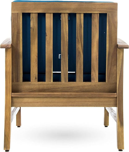 Christopher Knight Home Perla Outdoor Acacia Wood Club Chairs with Water Resistant Cushions, 2-Pcs Set, Teak Finish / Blue