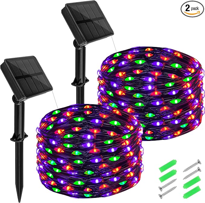 cshare Halloween Solar Fairy Lights 2 Pack 16.4FT 50LED Each, Orange Purple Green Halloween Lights Waterproof Outdoor Black Wire String Lights for Yard Porch Garden Fence Tree Decor