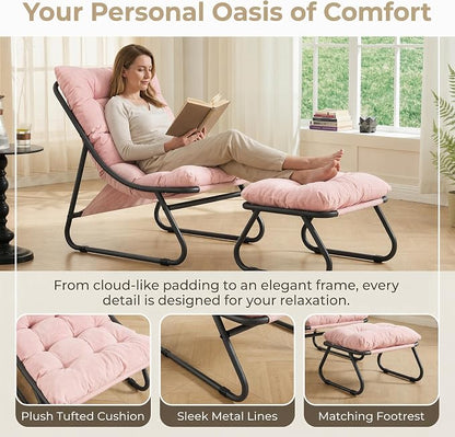 Rocking Chair with Ottoman, Modern Metal Frame Outdoor Rocker, Comfy Patio Lounge Chair with Footrest, Reading Glider Chairs for Living Room, Bedroom, Balcony, Garden, Relax, Pink