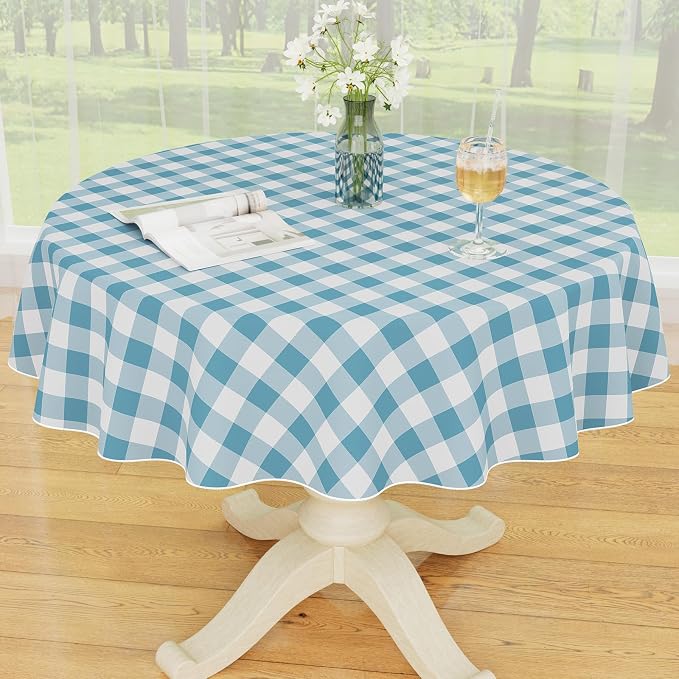 Smiry Picnic Table Cloth, Vinyl Tablecloths with Flannel Backing, 60" Round | Waterproof Picnic Table Cloth, Wipeable Buffalo Plaid Table Cover for Indoor and Outdoor (Aquamarine & White)