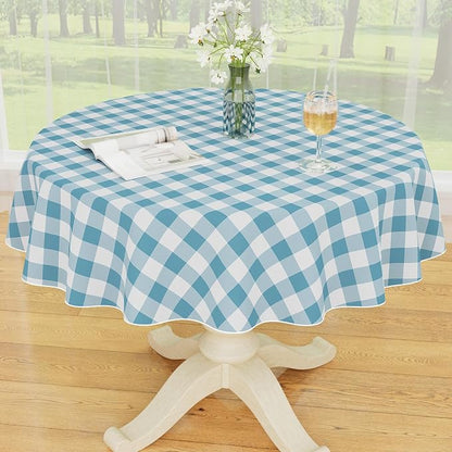 Smiry Picnic Table Cloth, Vinyl Tablecloths with Flannel Backing, 60" Round | Waterproof Picnic Table Cloth, Wipeable Buffalo Plaid Table Cover for Indoor and Outdoor (Aquamarine & White)