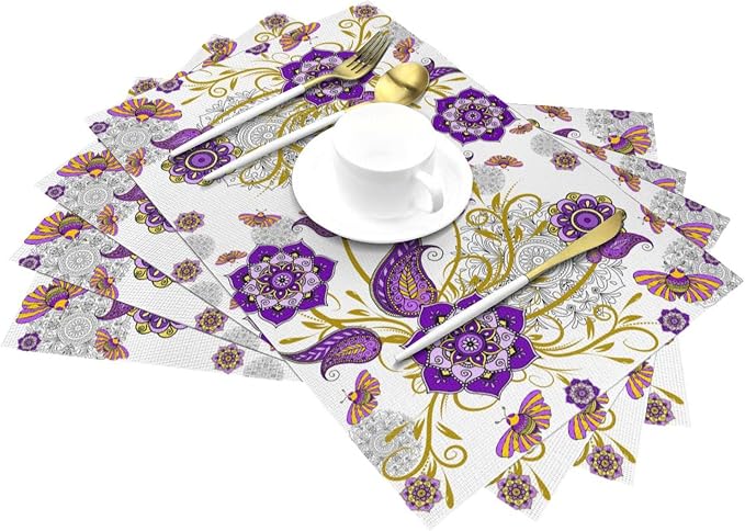 Boho Floral Placemats Set of 4 Linen Flower Decorative Place Mats | Washable Non-Slip Heat-Resistant Purple Kitchen Table Mats for Dining Outdoor Party Home Decor 12x18 Inch