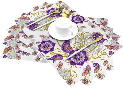 Boho Floral Placemats Set of 4 Linen Flower Decorative Place Mats | Washable Non-Slip Heat-Resistant Purple Kitchen Table Mats for Dining Outdoor Party Home Decor 12x18 Inch