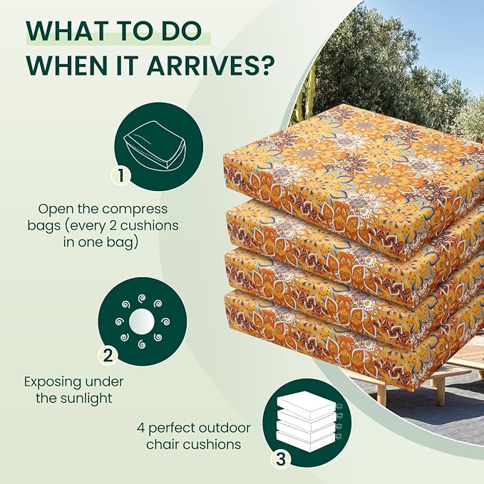 HARBOREST Outdoor Chair Cushions Set of 4, Water Resistant Patio Chair Cushions with Ties, Square Corner Outdoor Seat Cushions for Patio Furniture, 18.5"x16"x3", Blooming