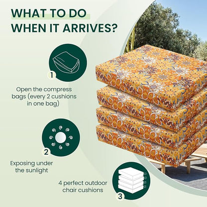 HARBOREST Outdoor Chair Cushions Set of 4, Water Resistant Patio Chair Cushions with Ties, Square Corner Outdoor Seat Cushions for Patio Furniture, 18.5"x16"x3", Blooming