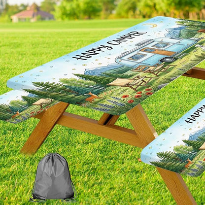 JAWO Happy Camper Picnic Table Cover with Bench Covers, Camper RV Essentials Gear Supplies Outdoor Waterproof Windproof Tablecloth with Elastic, 30X96in