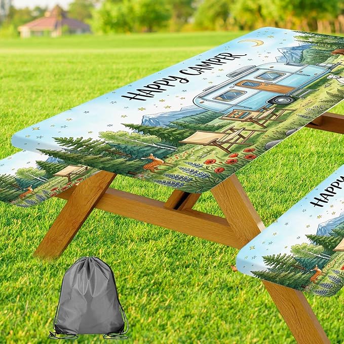 JAWO Happy Camper Picnic Table Cover with Bench Covers, Camper RV Essentials Gear Supplies Outdoor Waterproof Windproof Tablecloth with Elastic, 30x72 Inch