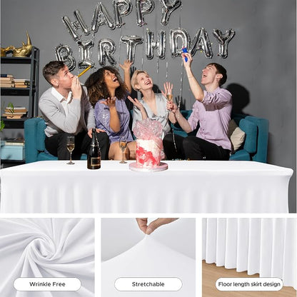 2 Pack White Spandex Table Covers 4ft Rectangle Ruffle Skirts for Party | Elastic Table Covers 4 Foot, Pleated Fitted Table Cloths, Wrinkle Resistant Elegant Table Skirts Wedding, Banquets