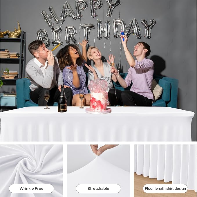 4 Pack White Spandex Table Covers 4ft Rectangle Ruffle Skirts for Party | Elastic Table Covers 4 Foot, Pleated Fitted Table Cloths, Wrinkle Resistant Elegant Table Skirts Wedding, Banquets