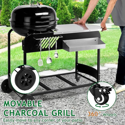 43" Portable Charcoal Grill with Cart 21" BBQ Grill with Porcelain-Enameled Lid, Slide-Out Ash Catcher and Thermometer for Backyard Camping Picnic and Tailgating Garden Party Easy-to-Clean