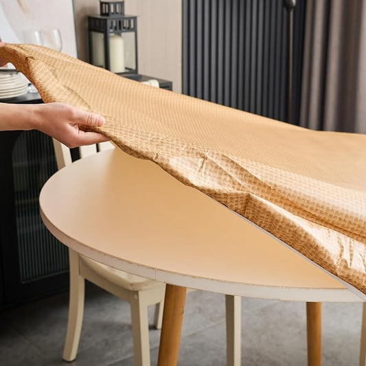 LIBERECOO Round Fitted Tablecloth with Elastic, Waterproof Vinyl with Flannel Backing, Plain Weaves Pattern Wipeable Plastic Table Cloth for Kitchen and Dining Room, Fits 40"-44" Round Table