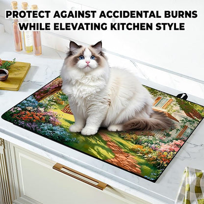 Happy Easter Stove Top Cover Flower Eggs Cute Rabbit Gas Stove Top Cover for Home Decoration Kitchen St. Patrick Day Pad Non-Stick Washable Cooktop Covers Countertop Protector (house, 28" x 20")