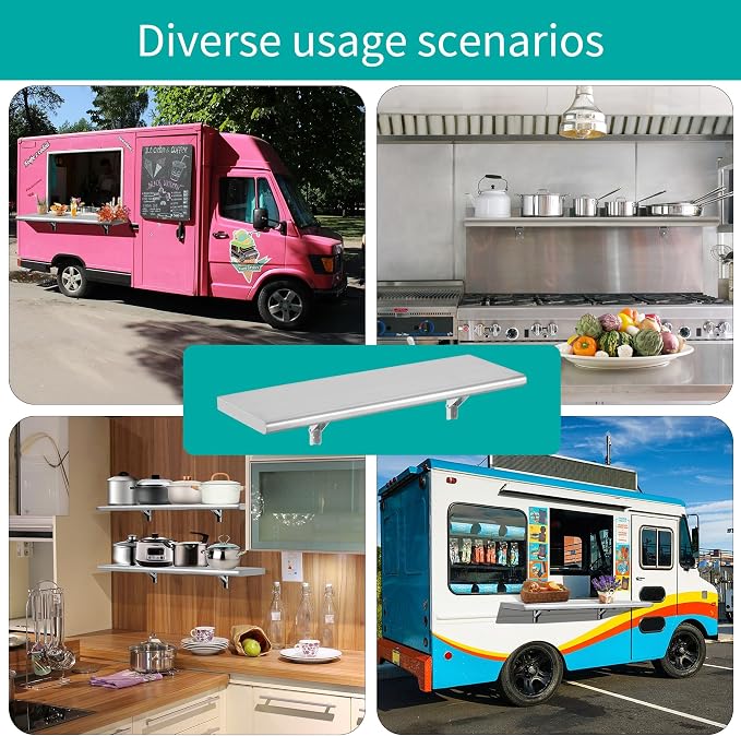 Concession Shelf 60"L x 14"W，22 gauge ASTM 304 Stainless Steel Folding Serving Food Shelf ，Wall Mount Shelving , Stainless Steel Shelf For Food Truck, grill area,BBQ working table, Restaurant .NSF