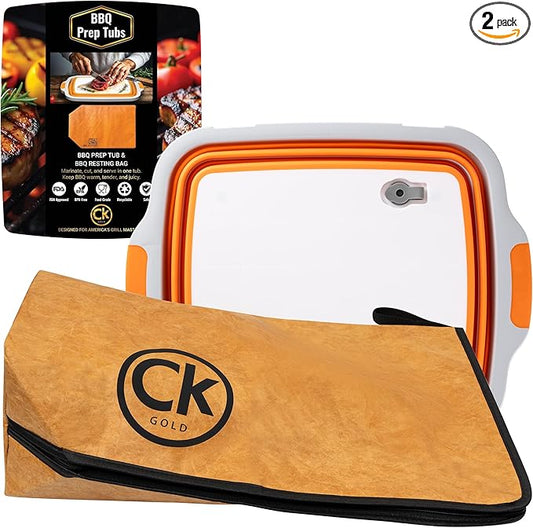 New Extra LARGE Collapsible BBQ Prep Tub with LOCKING LID & Meat Resting Bag - BPA Free Cutting Board with Lid, Leak Free, Strong Drain Hole for Meal Prep, Marinating, Grilling & Food Storage (Orange)