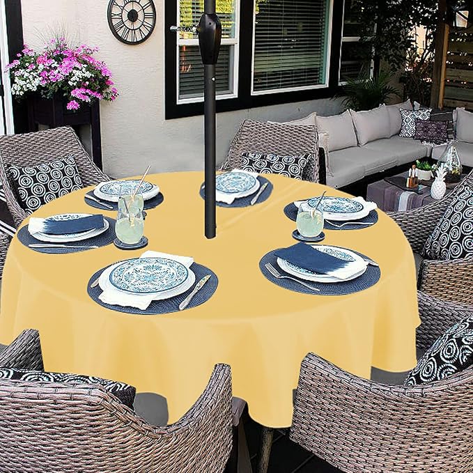 Fitable Outdoor and Indoor Tablecloth, Yellow, 60 Inches Round | Washable Waterproof Wrinkle Free Table Cover, Zipper and Umbrella Hole, For Spring Summer Party Picnic Camping Patio