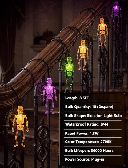 8.5Ft Halloween Skull String Lights, 10 LED Orange Green Purple Skeletons | Plug in, End-to-end Connectable, Weathproof & UL Listed, Hanging Halloween Ghost Decor for Indoor Outdoor Patio Porch Party