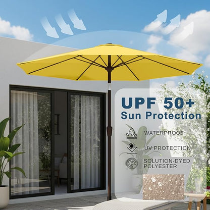 9ft Patio Umbrella with Push Button Tilt and Crank,Outdoor Market Table Umbrella UV Protection 8 Sturdy Ribs for Backyard,Garden,Pool,Deck(Yellow)