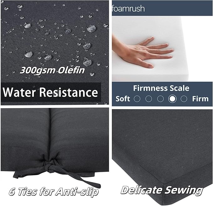 3" Solid Outdoor Lounge Chair Cushion, 74 x 22.5 inch Weather Resistant Chaise Lounge Cushion with 6 Ties for Patio Pool Furniture