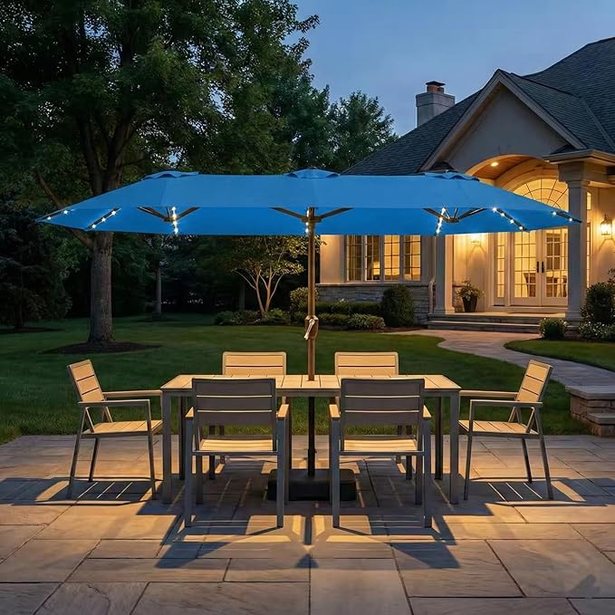 Kingdura 15ft Large Patio Umbrella with Solar Lights, Double-Sided Rectangle Outdoor Table Umbrella with Base Included, 12 Reinforced Ribs, 48 Led Lights, Crank Lift for Market Pool Deck, Royal blue
