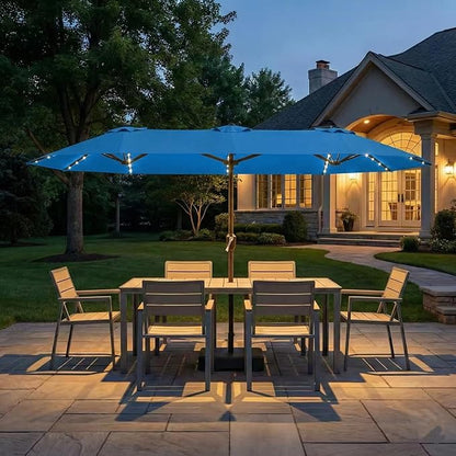 Kingdura 15ft Large Patio Umbrella with Solar Lights, Double-Sided Rectangle Outdoor Table Umbrella with Base Included, 12 Reinforced Ribs, 48 Led Lights, Crank Lift for Market Pool Deck, Royal blue