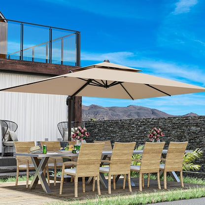 10x13FT Cantilever Outdoor Patio Umbrellas, Double Top Large Rectangle Umbrella, Heavy Duty 360° Rotation Offset Outdoor Sun Shade Umbrella for Garden Deck Pool Backyard Patio, Beige
