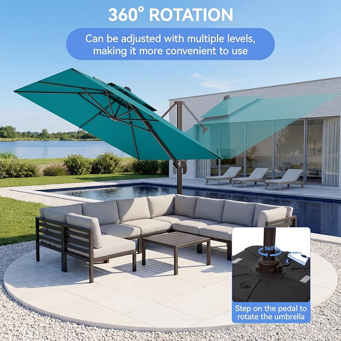 10x10FT Cantilever Outdoor Patio Umbrellas，Double Top Large Square Umbrella Heavy Duty 360°Rotation Offset Outdoor Sun Shade Umbrella for Garden Deck Pool Backyard Patio, Turquoise