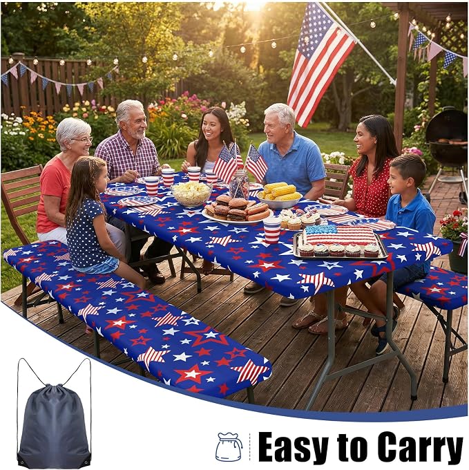 Smiry Picnic Table Cover with Bench Covers, Waterproof Elastic Fitted Tablecloth for 6 Foot Tables, Washable Polyester Tablecloths for Camping & Patriotic Decor (Navy Blue & Red, 30x72 Inch 3-pc Set)