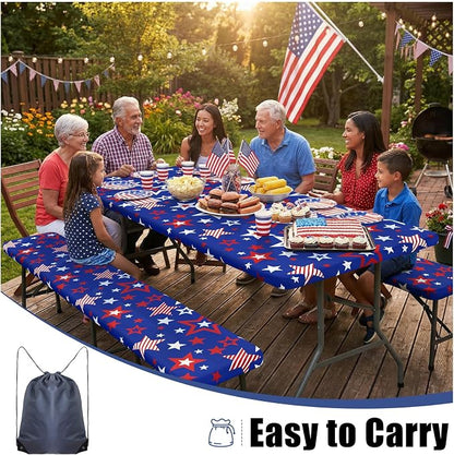 Smiry Picnic Table Cover with Bench Covers, Waterproof Elastic Fitted Tablecloth for 6 Foot Tables, Washable Polyester Tablecloths for Camping & Patriotic Decor (Navy Blue & Red, 30x72 Inch 3-pc Set)